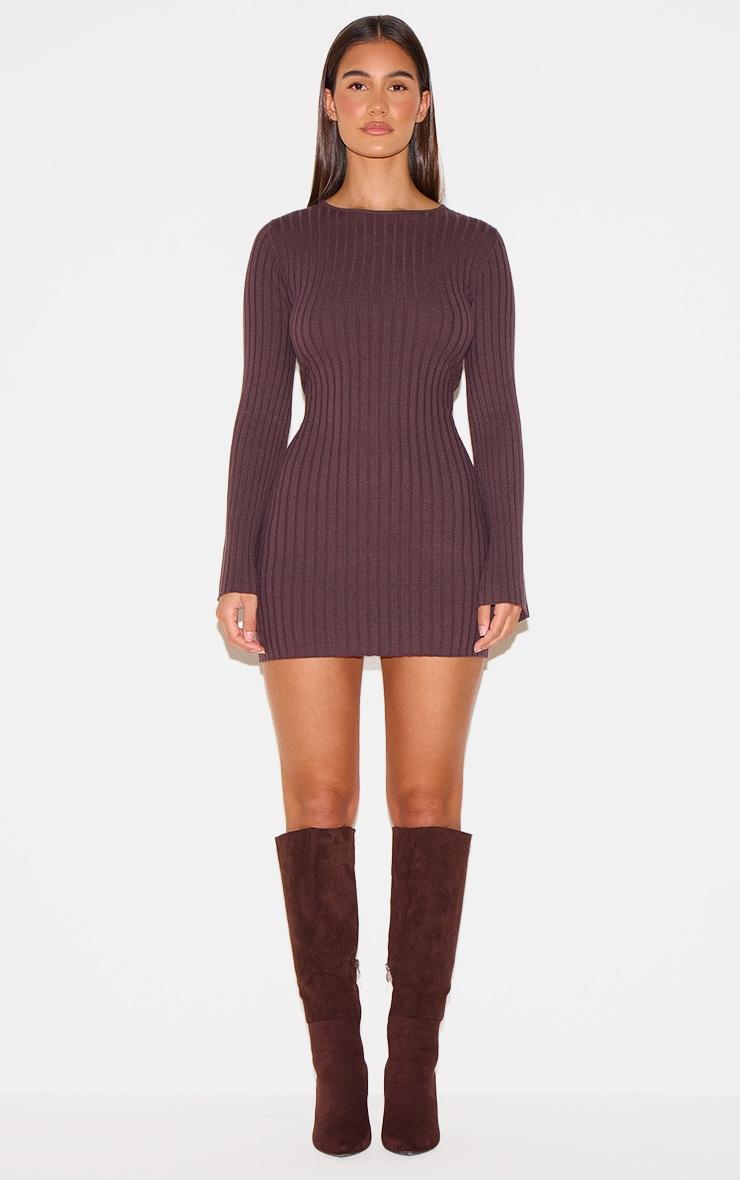 Chocolate Ribbed Knit Mini Dress Product Image