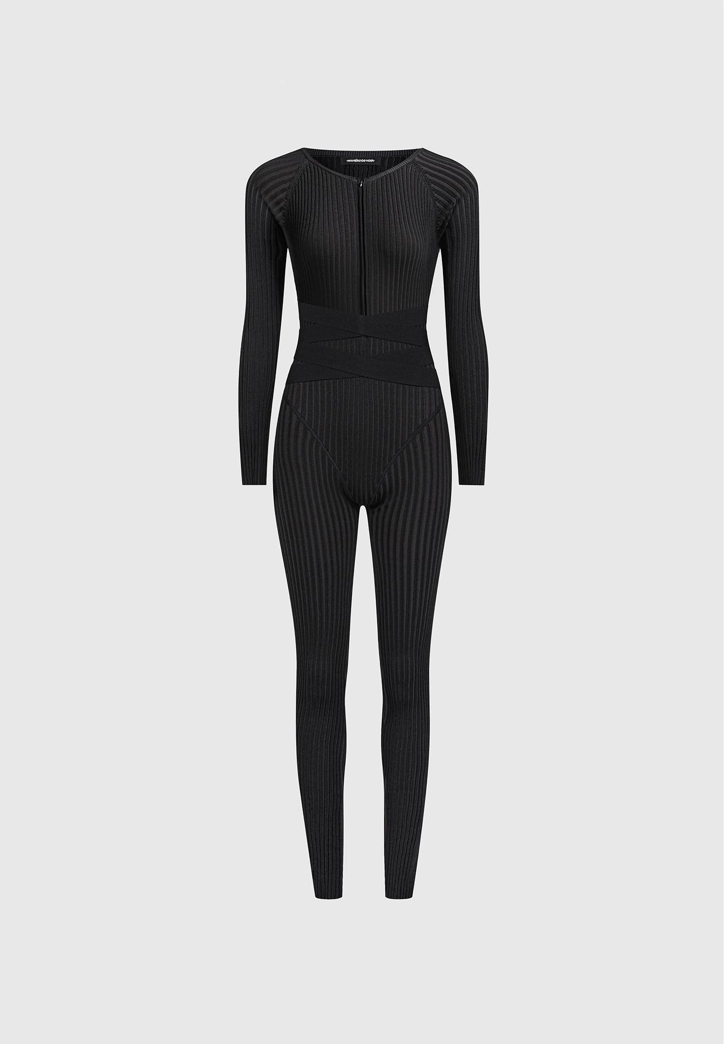 Knitted Two Tone Jumpsuit with Belt - Black Female Product Image