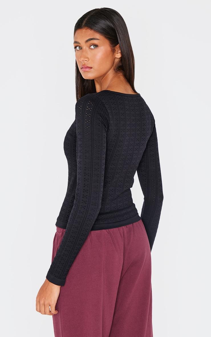 Black Contour Pointelle Detail Boatneck Long Sleeve Top Product Image