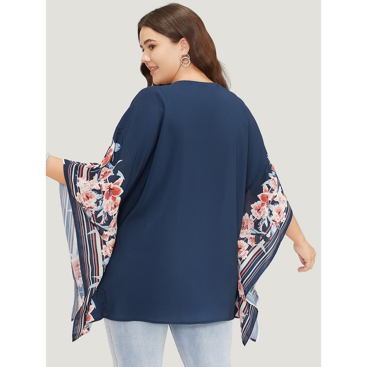 Plus Size Indigo Floral Print Asymmetrical Dolman Sleeve Blouse Women Elegant Short sleeve V-neck Dailywear Blouses BloomChic 28/5X Product Image