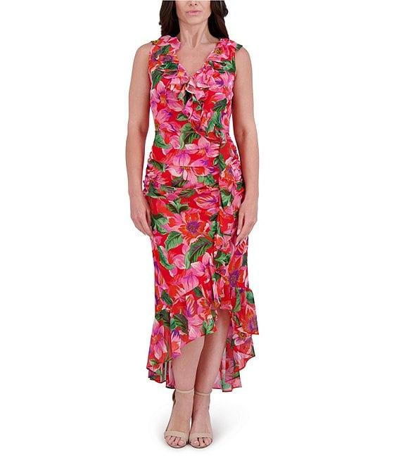 Kensie Chiffon Floral Print V-Neck Sleeveless Ruffle Sheath Midi Dress Product Image