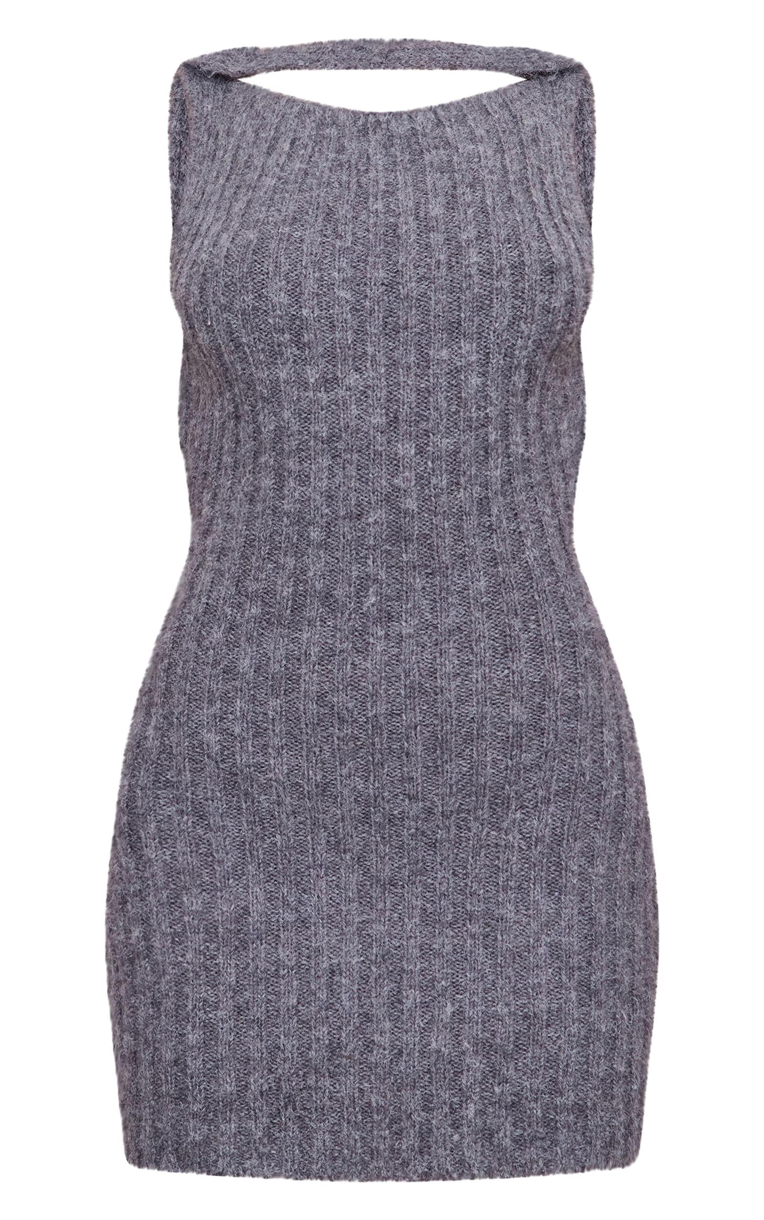 Charcoal Eyelash Knit Racer Neck Open Back Mini Dress Product Image