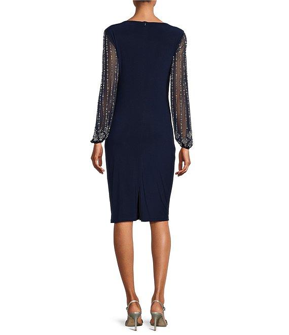 Marina Round Neck Beaded Lace Long Sleeve Side Drape Sheath Dress Product Image