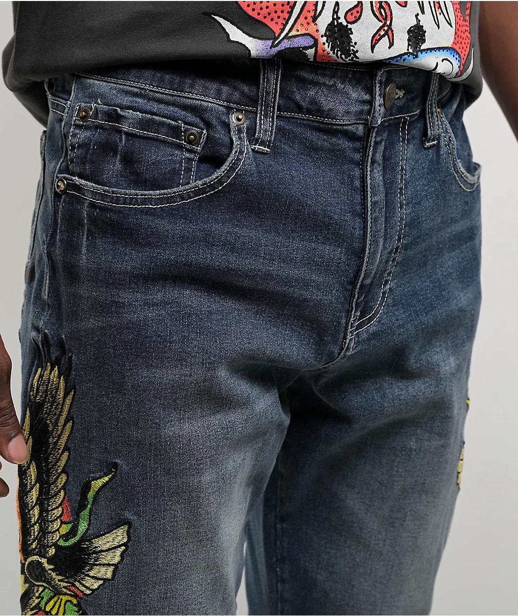 Ed Hardy Eagle Snake Slim Straight Y2K Med Blue Denim Jeans Product Image