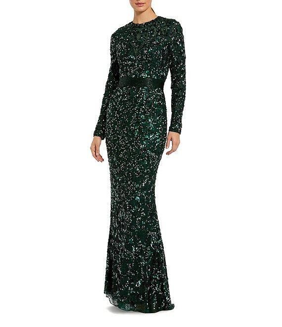 Mac Duggal Long Sleeve Hand Embellished Beaded Sequin Georgette Column Gown Product Image