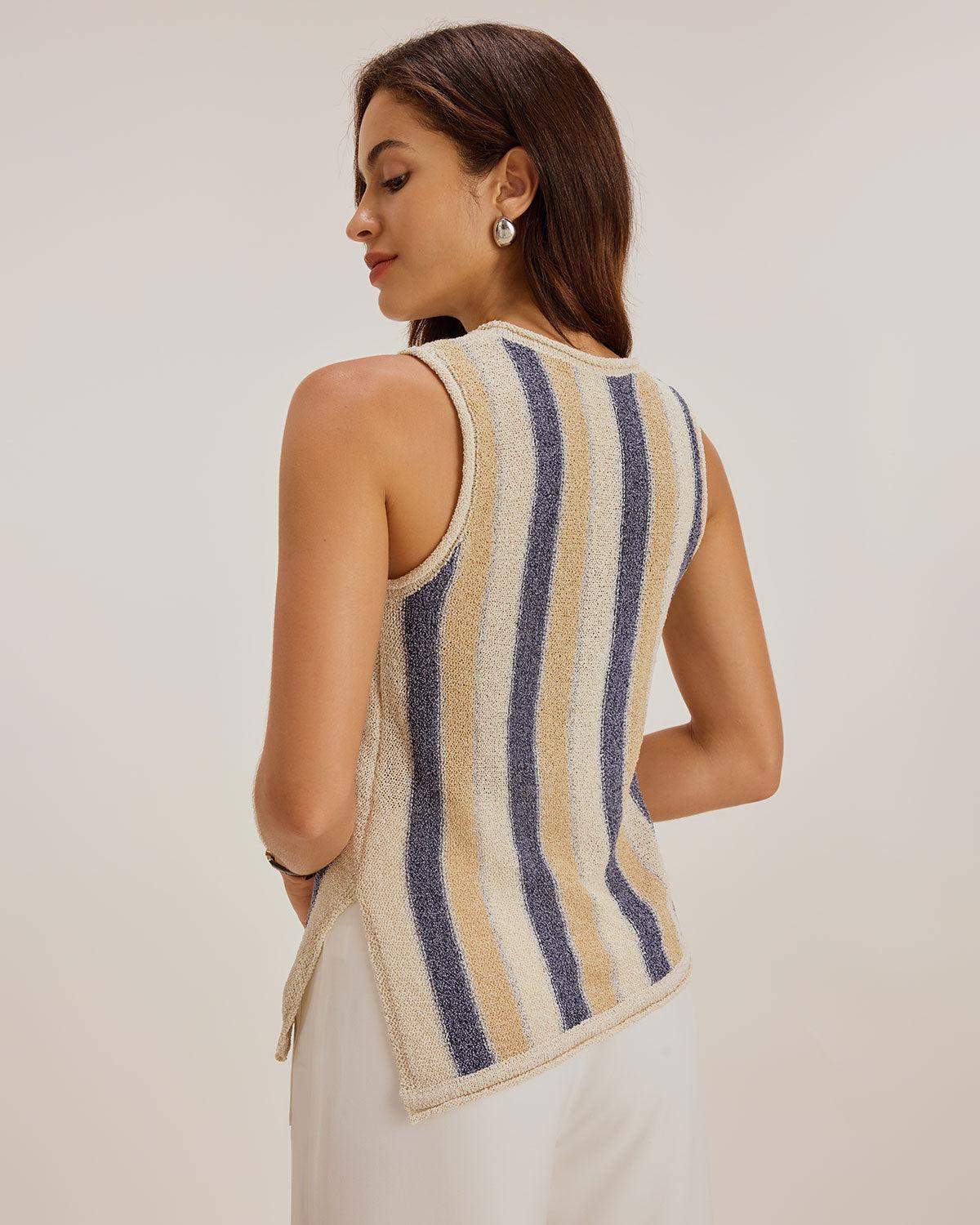Blue Striped V Neck Tank Top Product Image