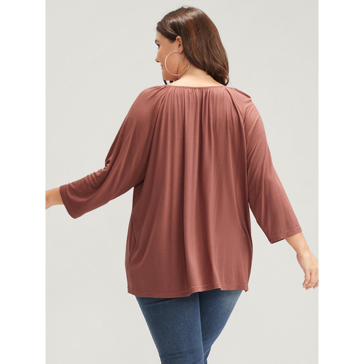 Plus Size Plain Round Neck Button Modal T-shirt Rouge Women Elegant Button Plain Round Neck Loose Dailywear T-shirts BloomChic 10/M Product Image