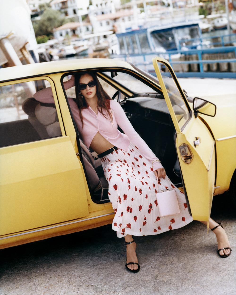 White Floral Plisse  Midi Skirt Product Image