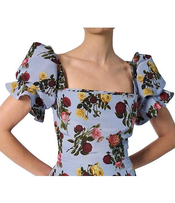 Damaris Bailey Rose Printed Square Neck Short Puff Sleeve Rose Midi Dress Product Image