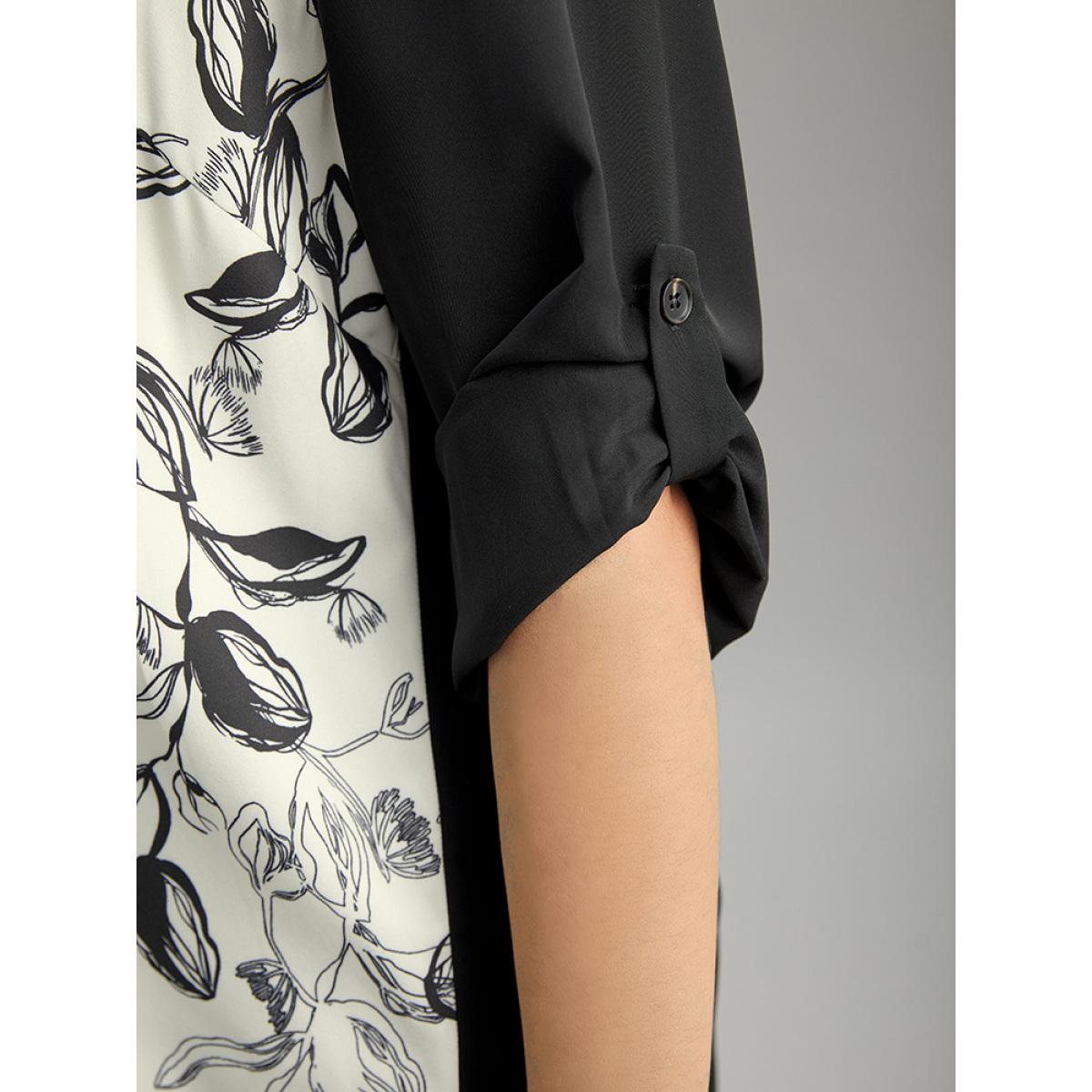 Plus Size Black Silhouette Floral Print Twill Shirt Collar Contrast Blouse Women Office Long Sleeve Shirt collar Work Blouses BloomChic 12/L Product Image