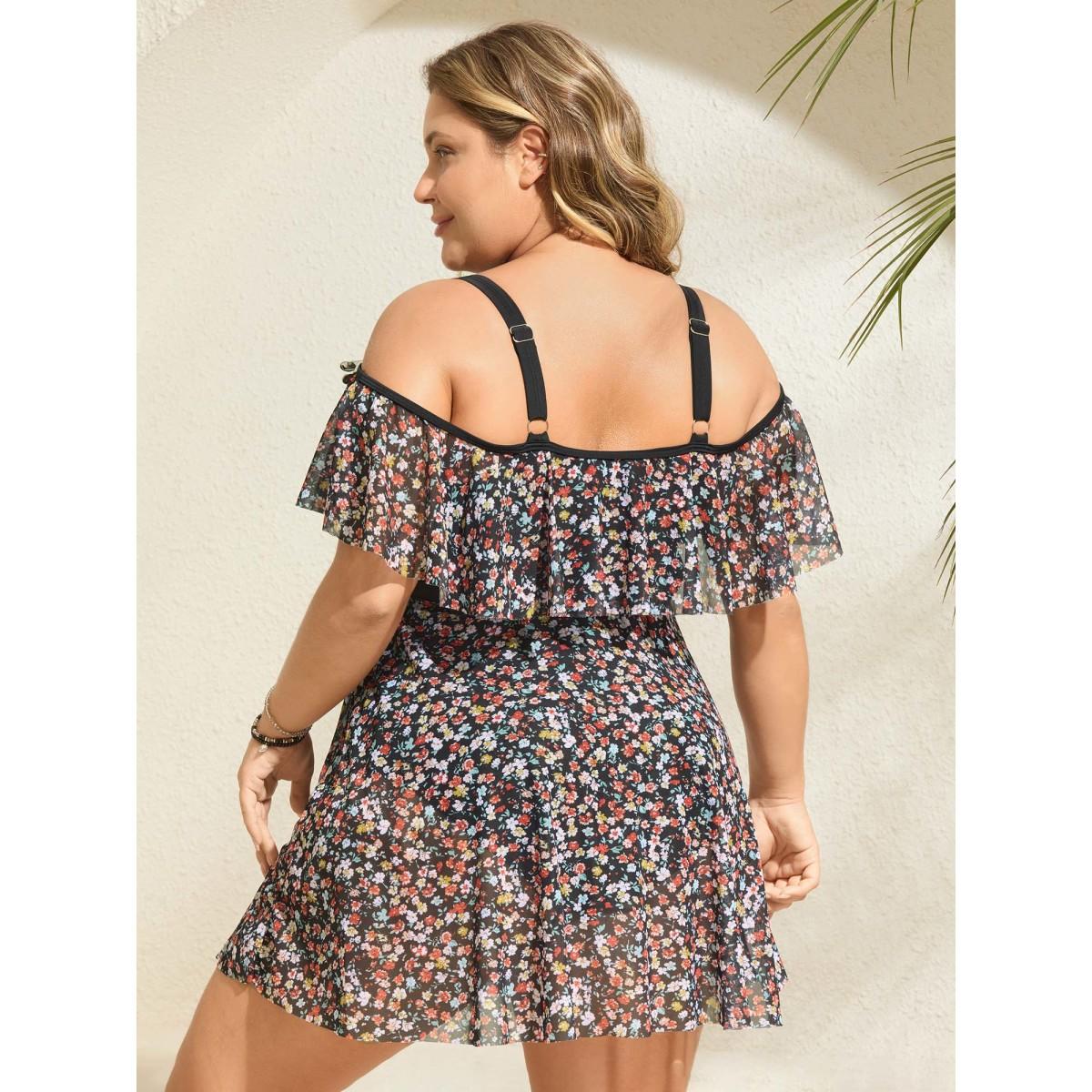 Plus Size Floral Print Mesh Cold-Shoulder Swim Dress Women's Swimwear Black Beach Bodycon One-shoulder neck High stretch Curve Swim Dresses BloomChic 14-16/1X Product Image