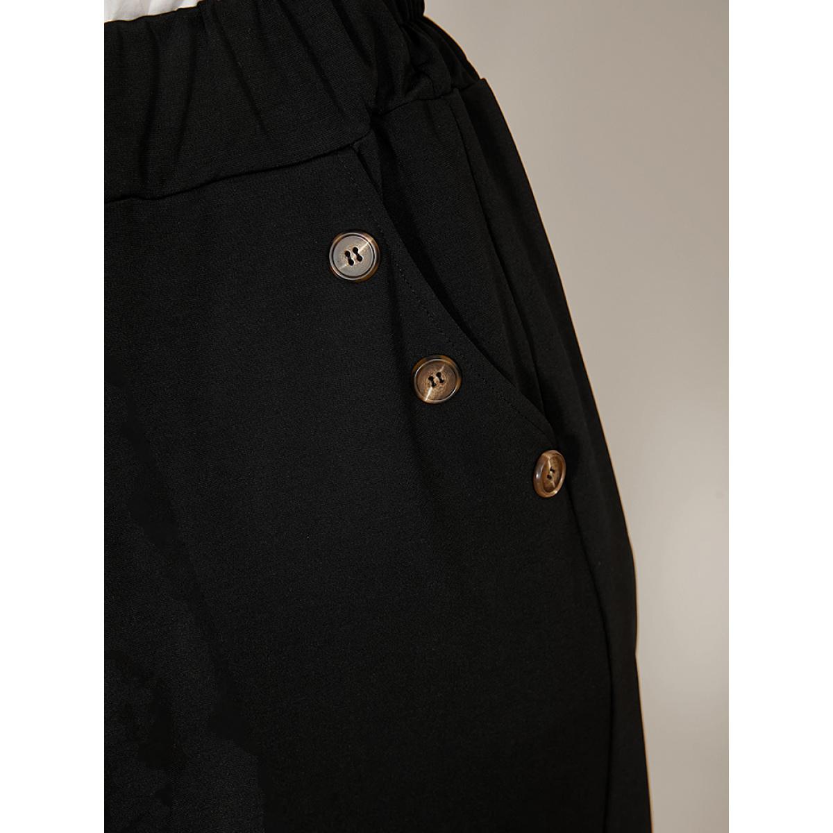Plus Size Solid Elastic Waist Button Detail Pocket Wide Leg Pants Women Black Office Wide Leg High Rise Office Pants BloomChic 30/6X Product Image