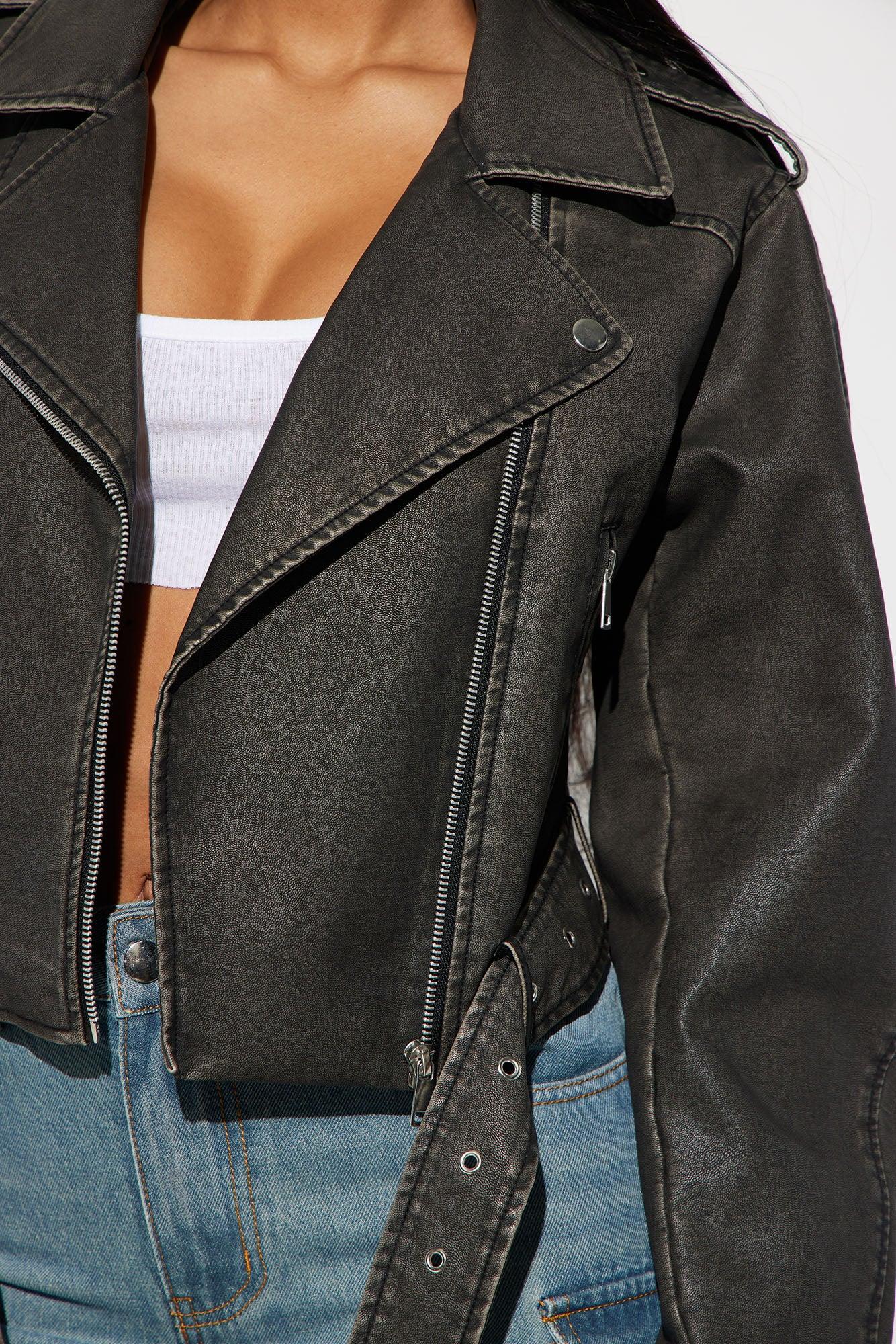 Roxi Washed Faux Leather Moto - Black Female Product Image