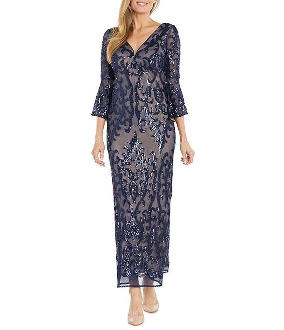R & M Richards Sequin V-Neck 3/4 Sheer Illusion Bell Sleeve Sheath Dress Product Image