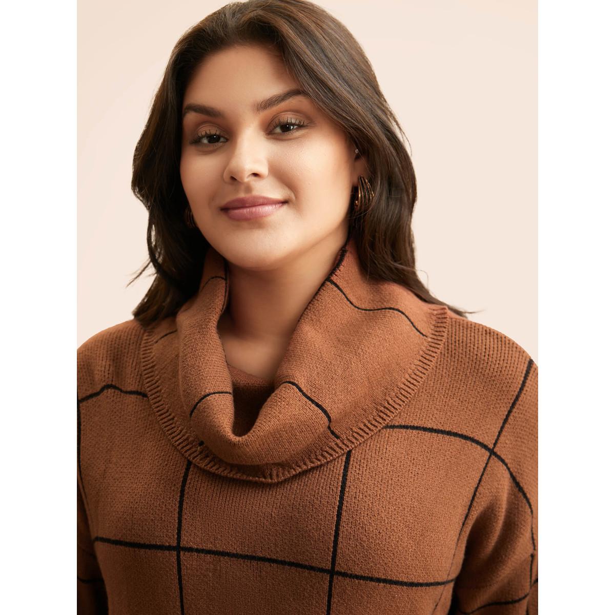 Plus Size Supersoft Essentials Turtleneck Plaid Drop Shoulder Pullover Browncoffeecolor Women Leisure Loose Long Sleeve Turtleneck Casual Pullovers BloomChic 14-16/1X Product Image