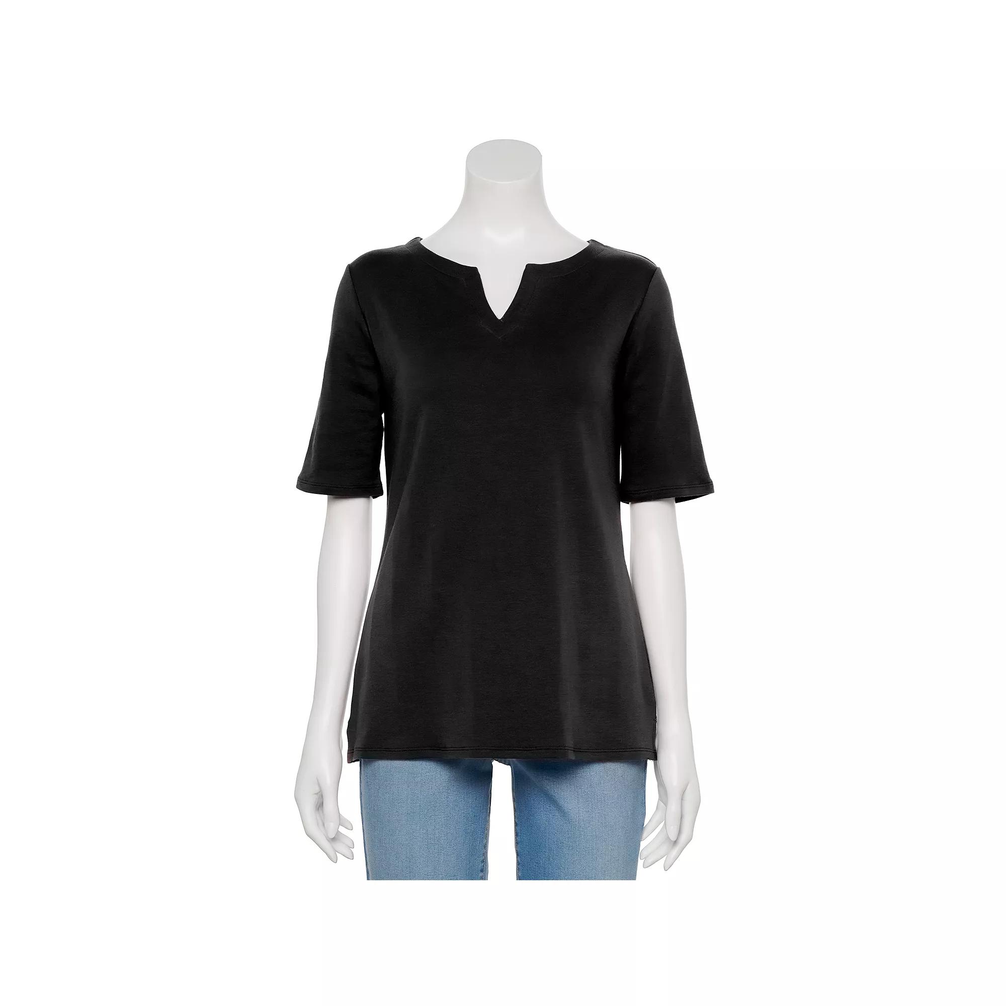 Women's Croft & Barrow® Elbow-Sleeve Splitneck Top, Size: XXL, Black Product Image