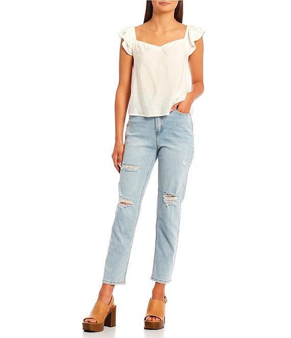 Hippie Laundry High Rise Distressed Light Wash Straight Leg Mom Jeans Product Image