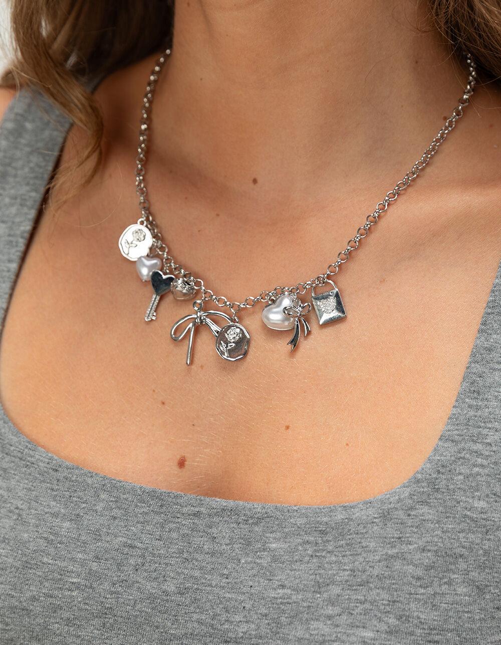 FULL TILT Bow/Heart/Pearl Charm Necklace - SILVER Product Image