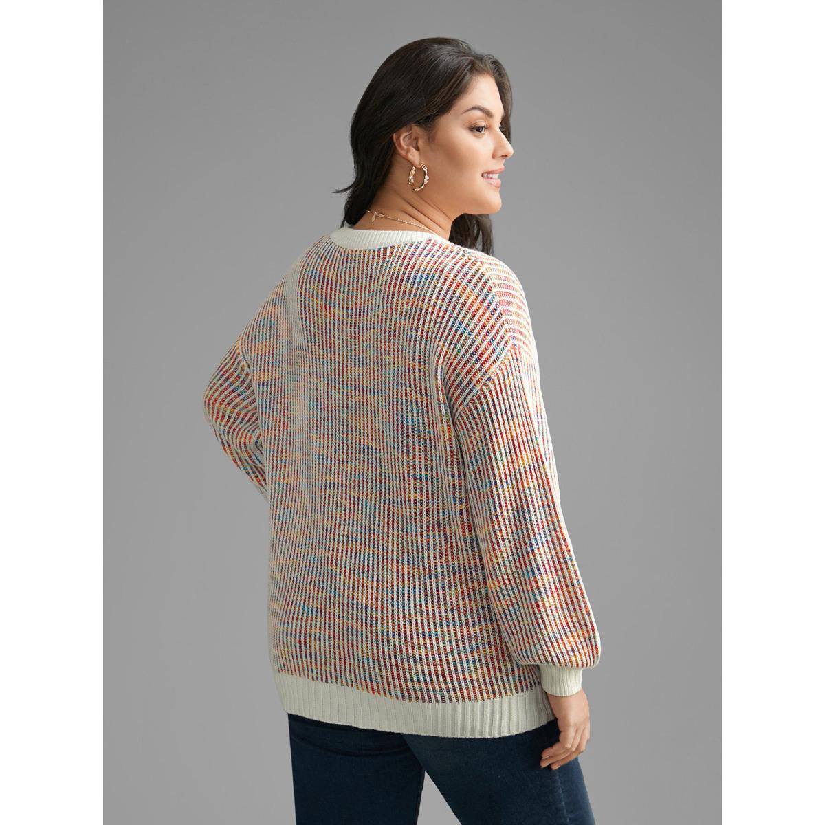 Plus Size Round Neck Texture Contrast Heather Pullover Beige Women Casual Loose Long Sleeve Round Neck Everyday Pullovers BloomChic 28/5X Product Image