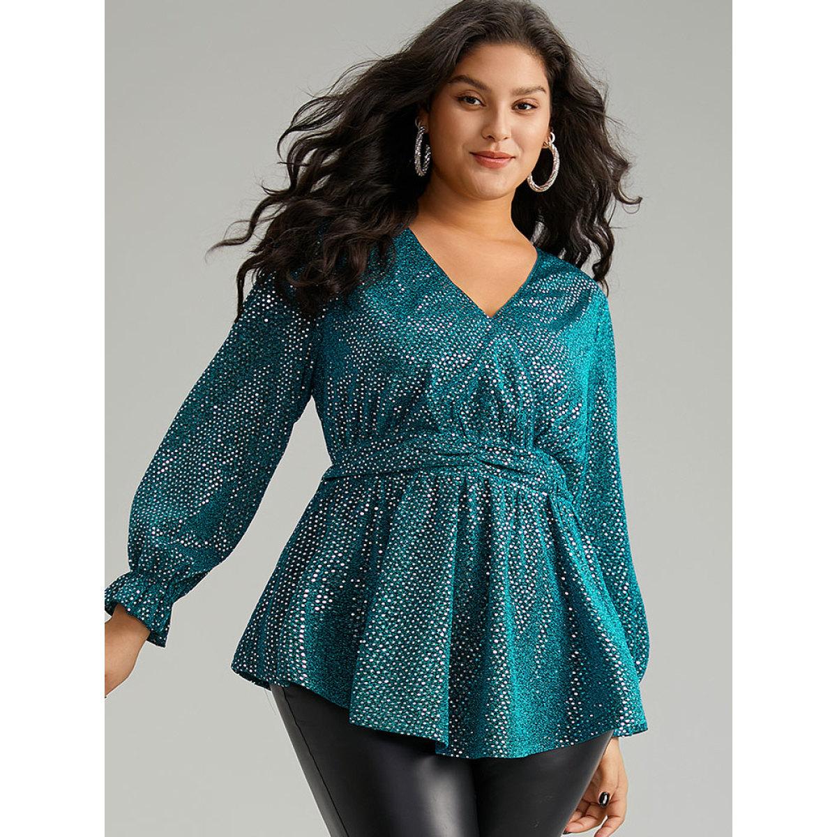Plus Size Emerald Sequin Wrap Ruffles Ruched Lantern Sleeve Blouse Women Glamour Long Sleeve V-neck Festival-Christmas Blouses BloomChic 12/L Product Image