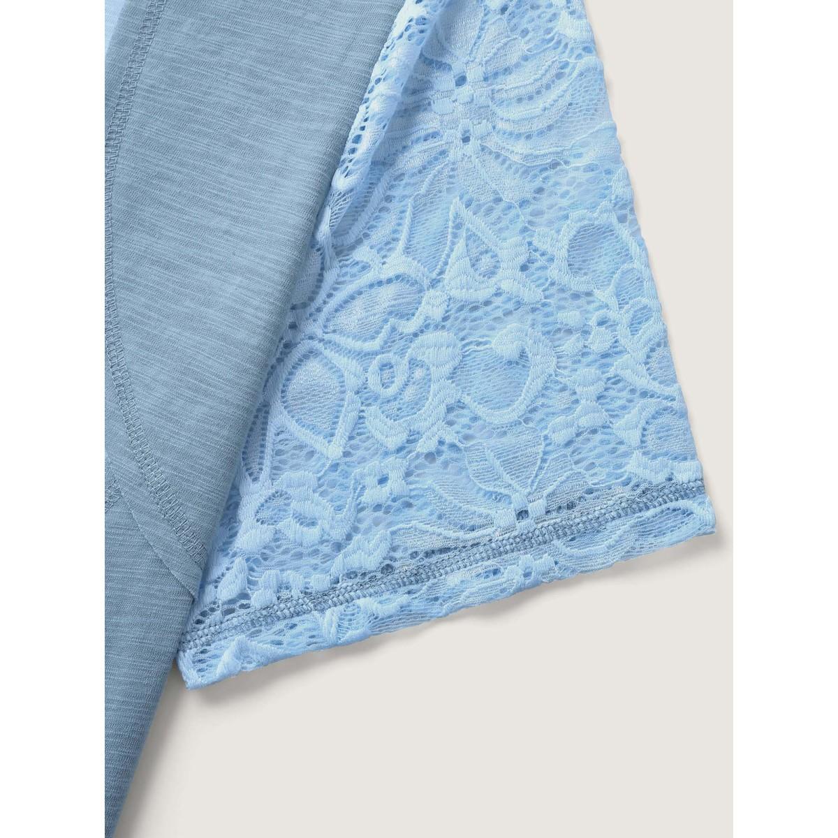 Plus Size Color Block Lace Panel Solid T-Shirt LightBlue Women See through Round Neck Everyday-Casual T-shirts BloomChic 30/6X Product Image