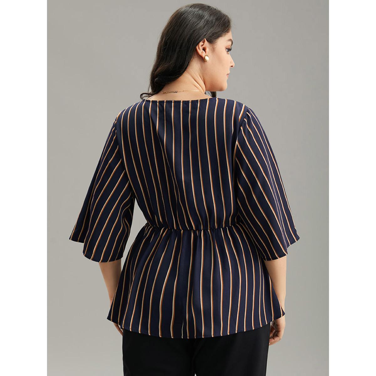 Plus Size Indigo Striped Overlap Collar Bell Sleeve Blouse Women Office Elbow-length sleeve Overlap Collar Work Blouses BloomChic 30/6X Product Image