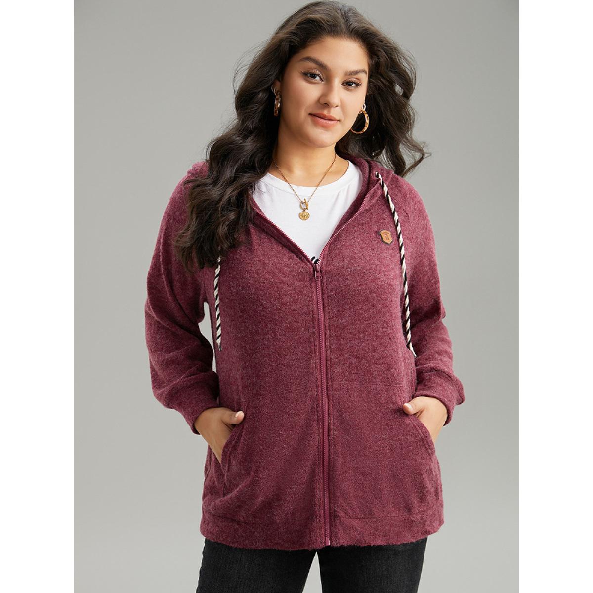 Plus Size Solid Badge Trim Drawstring Zipper Jacket Women Burgundy Zipper Pocket Dailywear Jackets BloomChic 22-24/3X Product Image