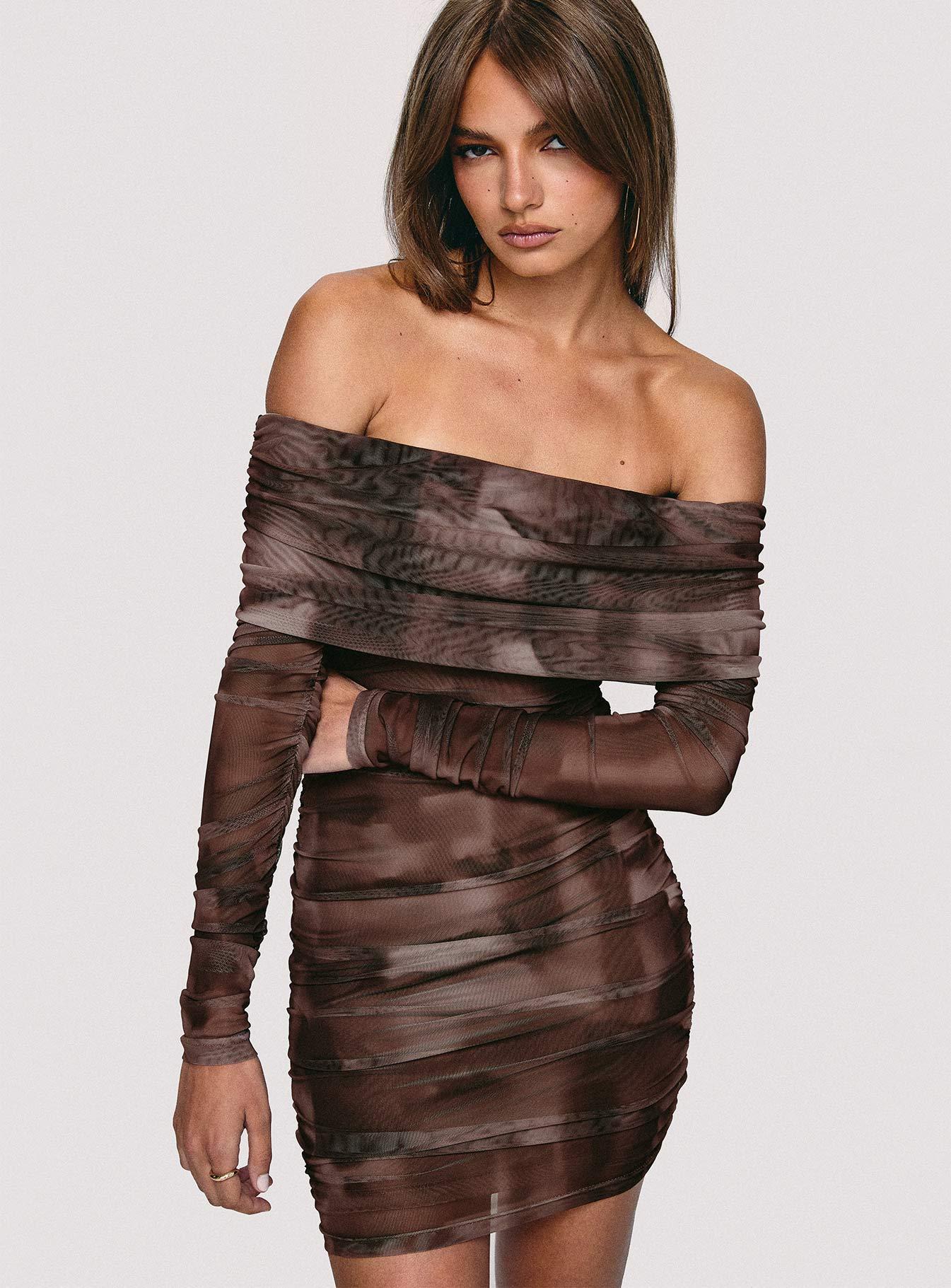 Raquella Long Sleeve Mini Dress Brown Product Image