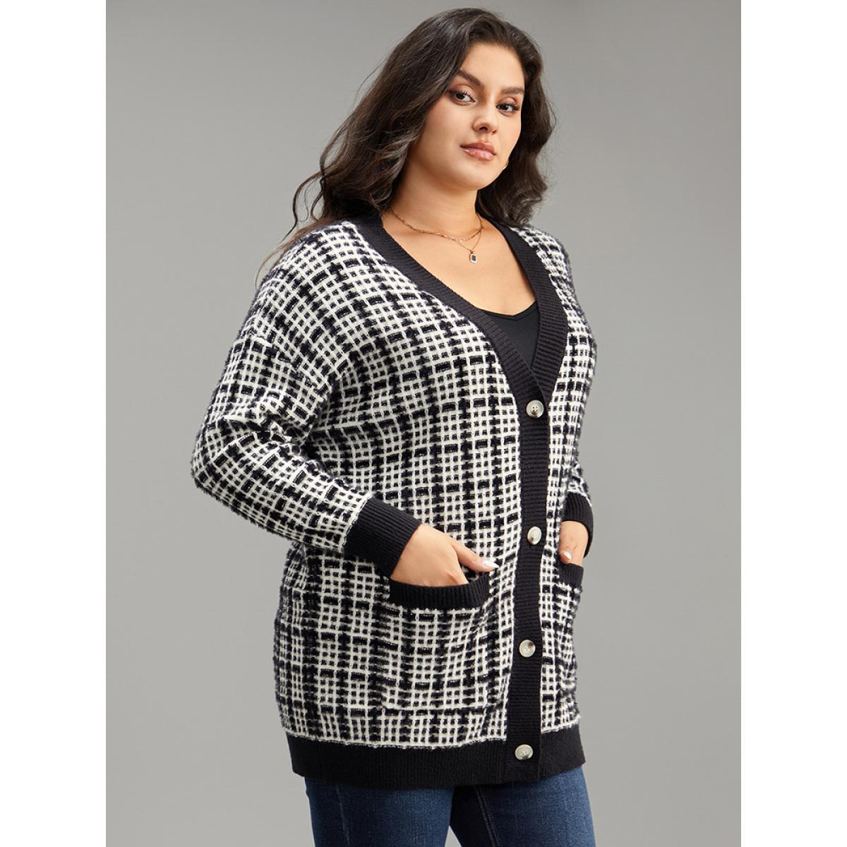 Plus Size Plaid Button Down Patched Pocket Cardigan Black Women Casual Loose Long Sleeve Dailywear Cardigans BloomChic 12/L Product Image