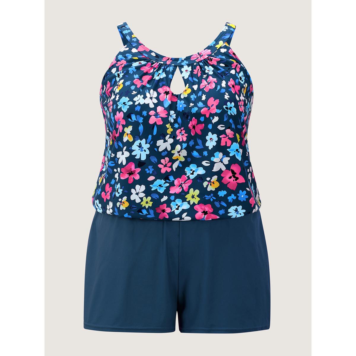 Plus Size Floral Print Keyhole Pockets Swim Romper Women's Swimwear DarkViolet Resort Pocket Curve Bathing Suits High stretch One Pieces BloomChic 12/L Product Image