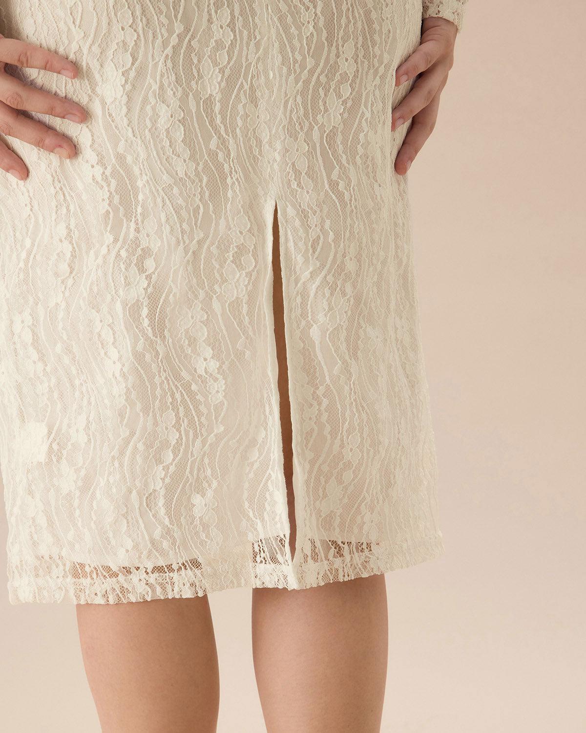 Apricot Lace Boat Neck Long Sleeve Midi Dress Product Image