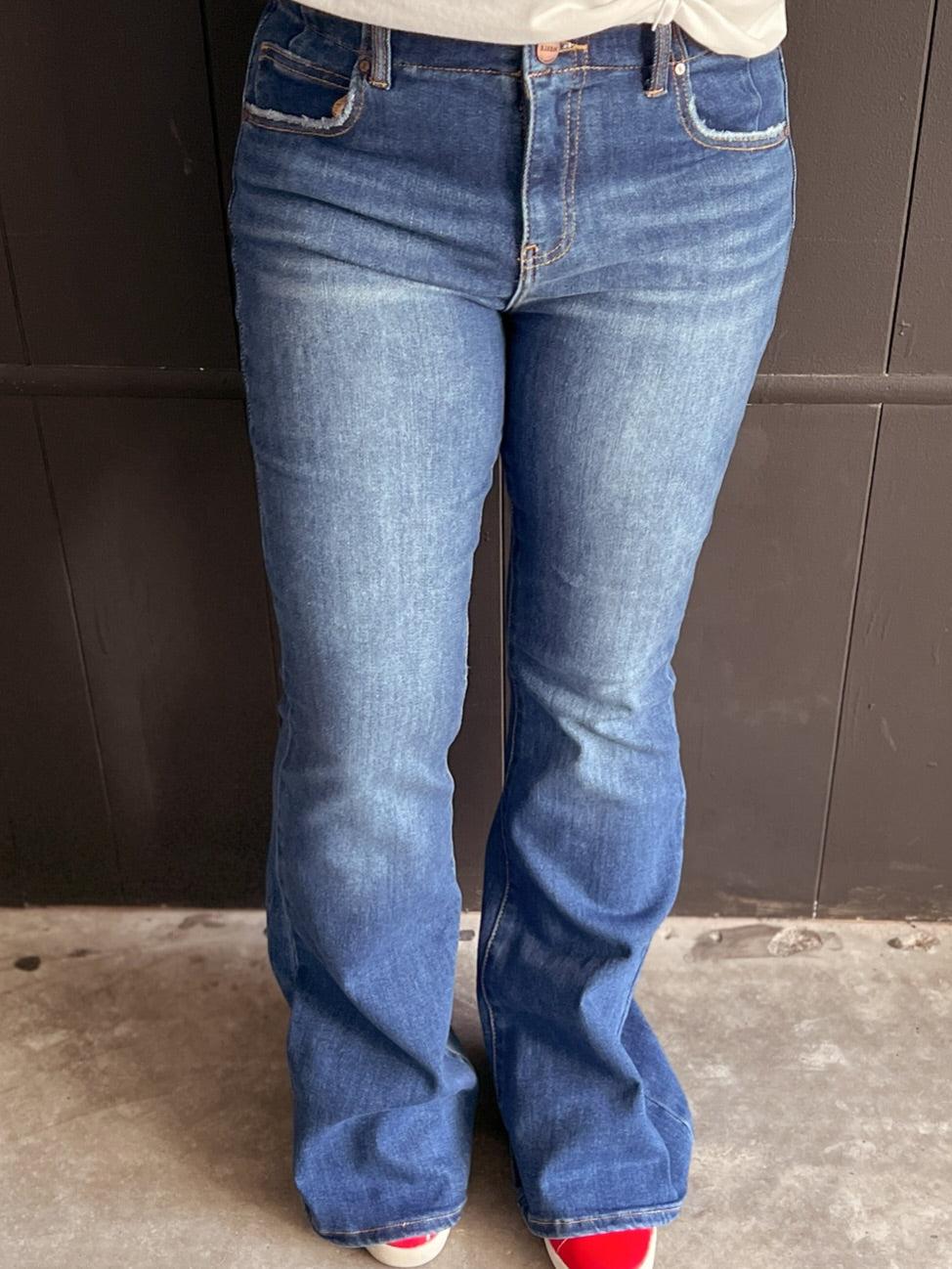 Risen Vintage Style High Rise Double Button Flare Jeans Product Image