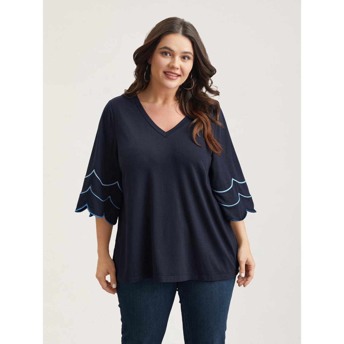 Plus Size Embroidered Trumpet Sleeve V-Neck T-Shirt Indigo Women Casual Embroidered V-neck Everyday T-shirts BloomChic 22-24/3X Product Image
