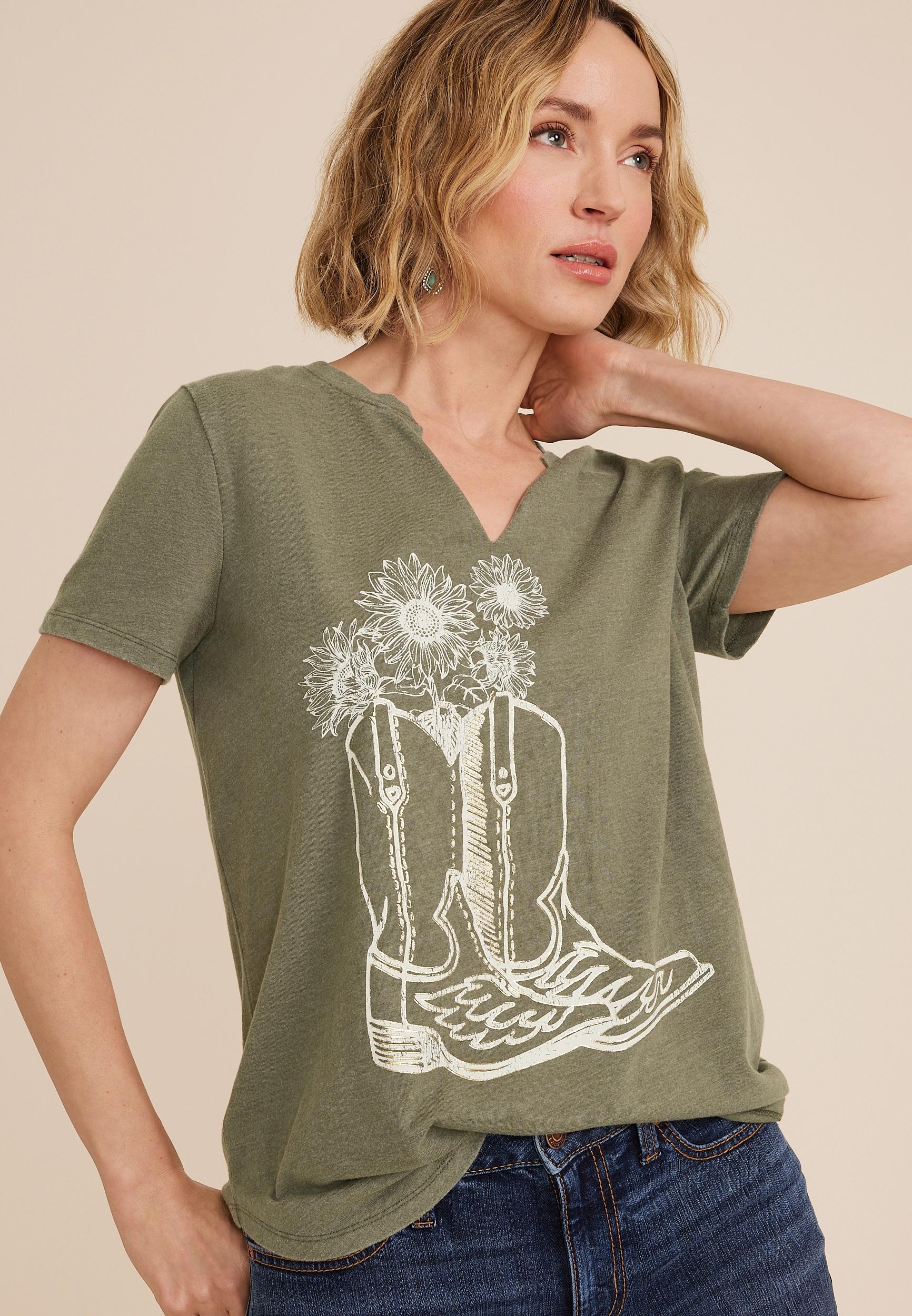 Maurices Womens Medium Size Western Floral Boots Classic Fit Graphic Tee Product Image