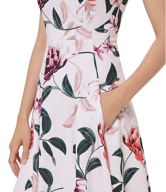 Calvin Klein Scuba Crepe Crew Neck Sleeveless Floral A-Line Dress Product Image
