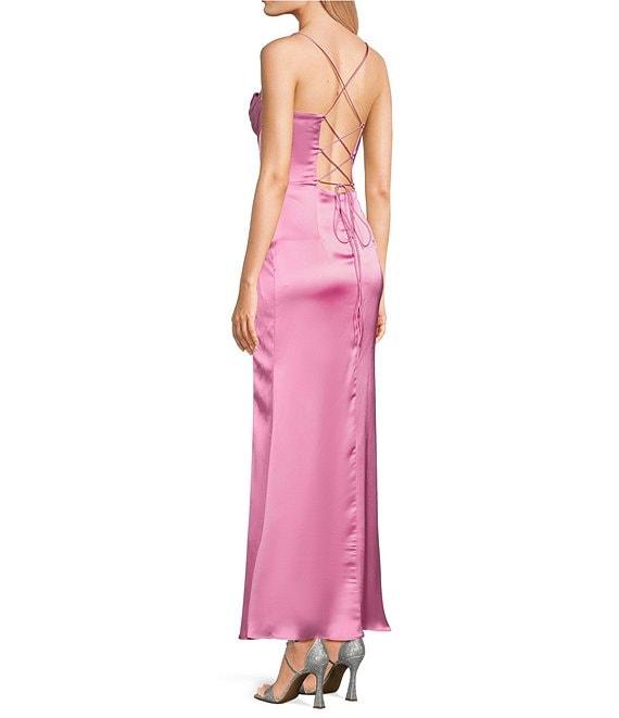 GB Social Corset Cowl Neck Lace-Up Back Slit Hem Satin Long Dress Product Image