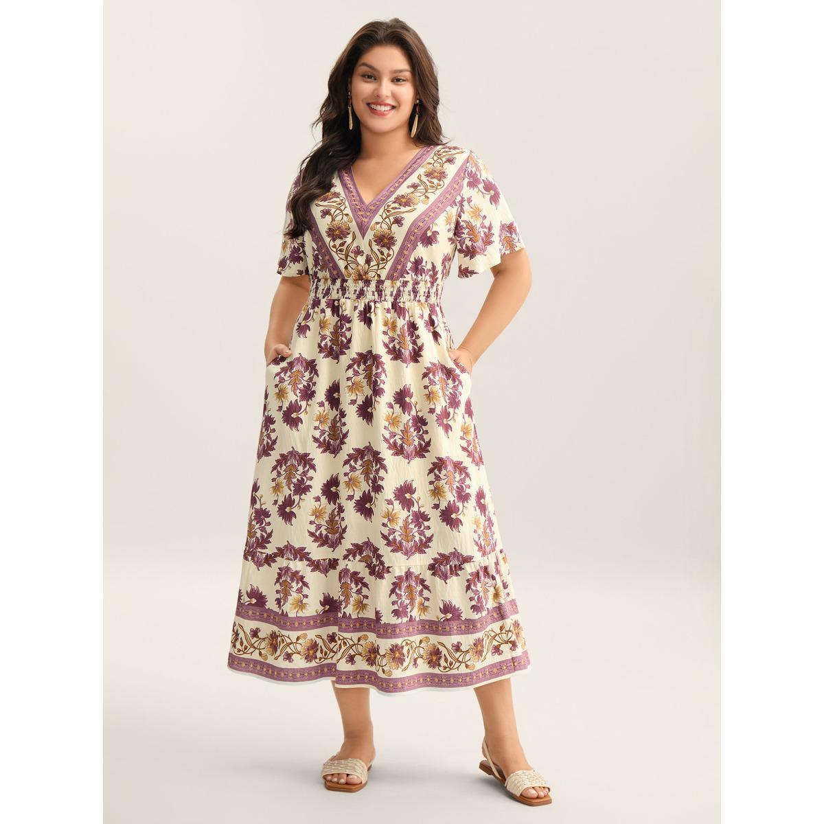 Plus Size Rayon Floral Print Stretchy Waist Midi Dress Deeppurplered Women V-neck Short sleeve Curvy BloomChic 12/L Product Image