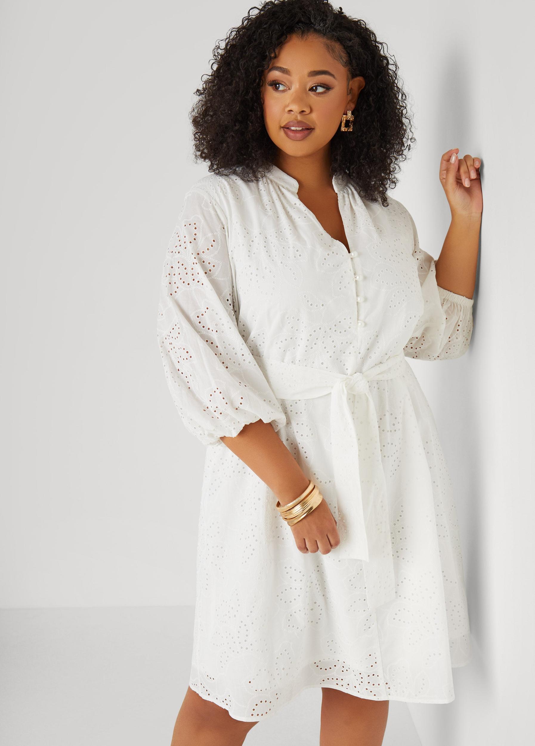 Plus Size Eyelet Cotton Puff Sleeved Dress Ashley Stewart Product Image