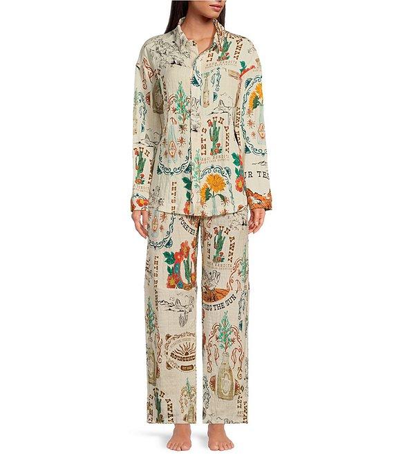 Agua Bendita Keshi Nopal Crinkle Woven Desert Print Collar Long Sleeve Button Front Top Product Image