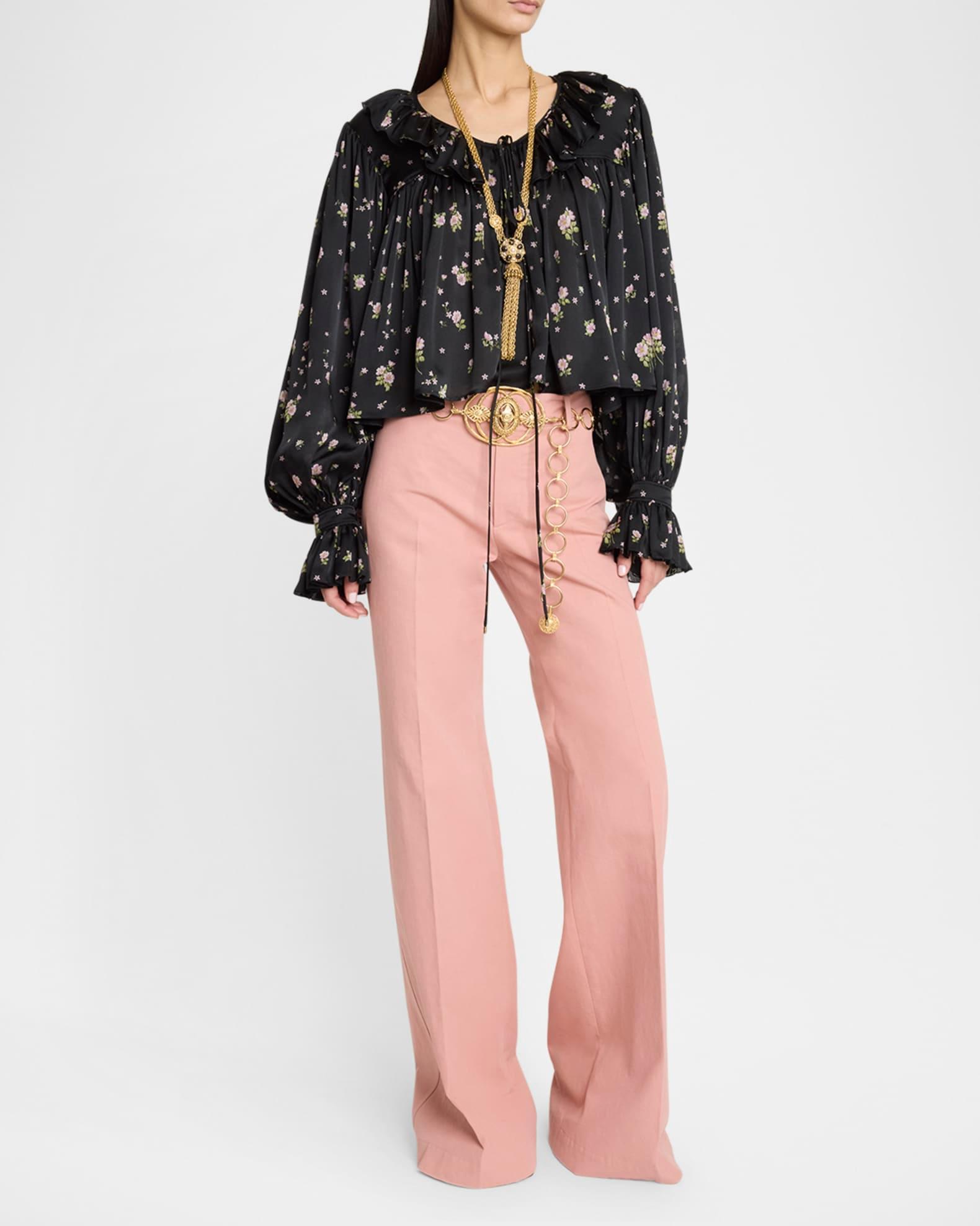 Floral Silk Ruffle Peasant Blouse Product Image