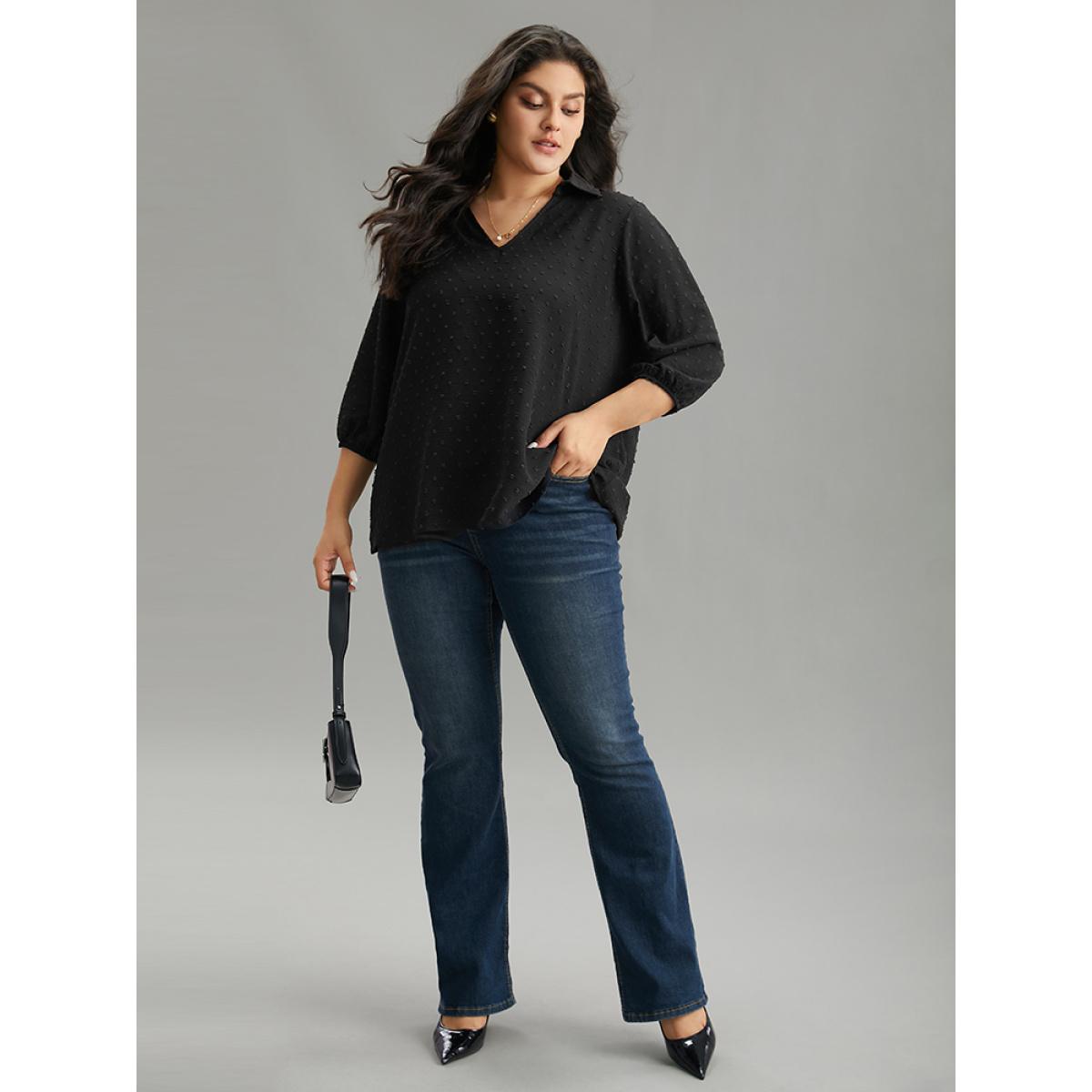 Plus Size Black Plisse Polka Dot Elastic Cuffs Blouse Women Office Elbow-length sleeve Shirt collar Office Blouses BloomChic 26/4X Product Image