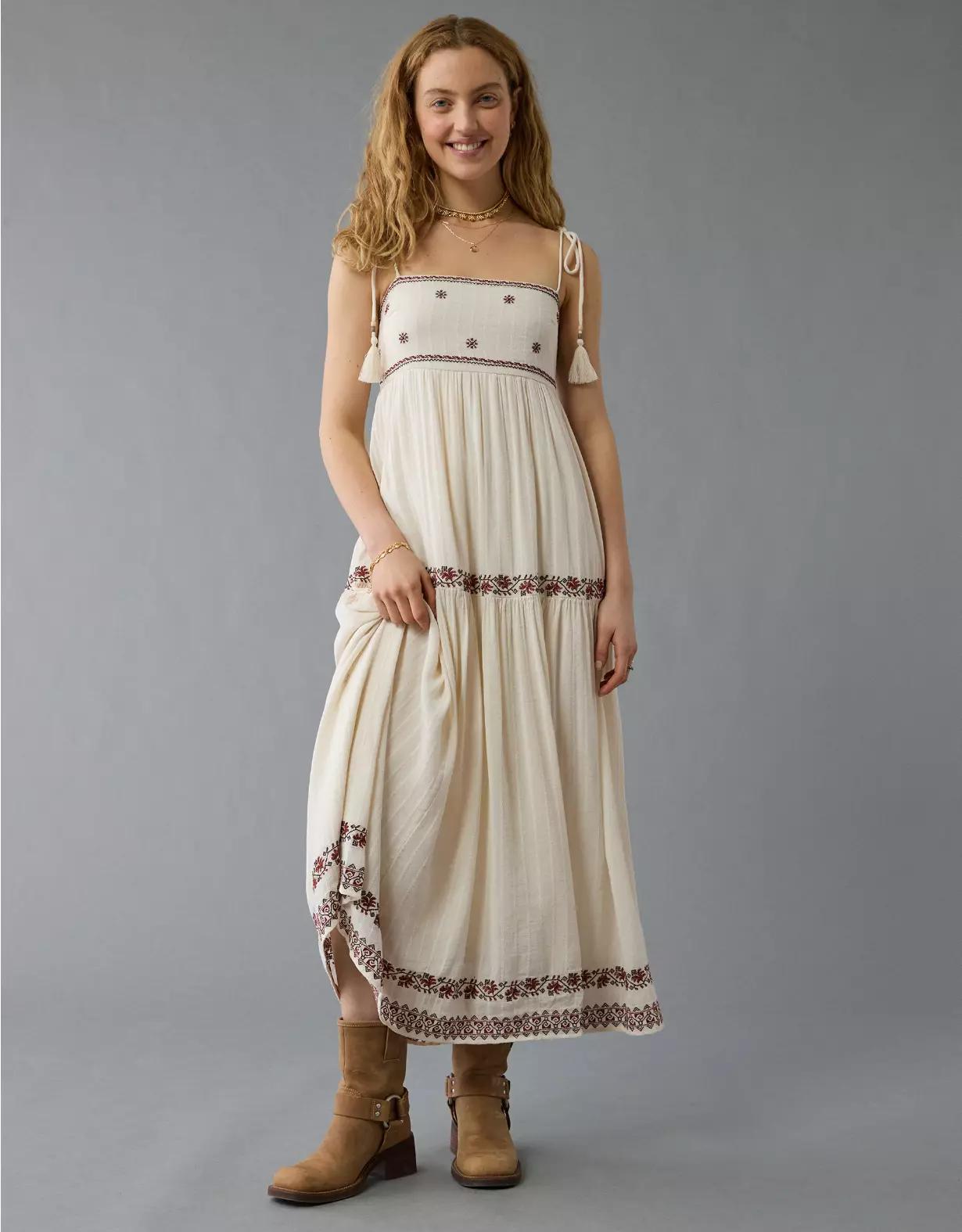 AE Empire Waist Embroidered Midi Dress Product Image