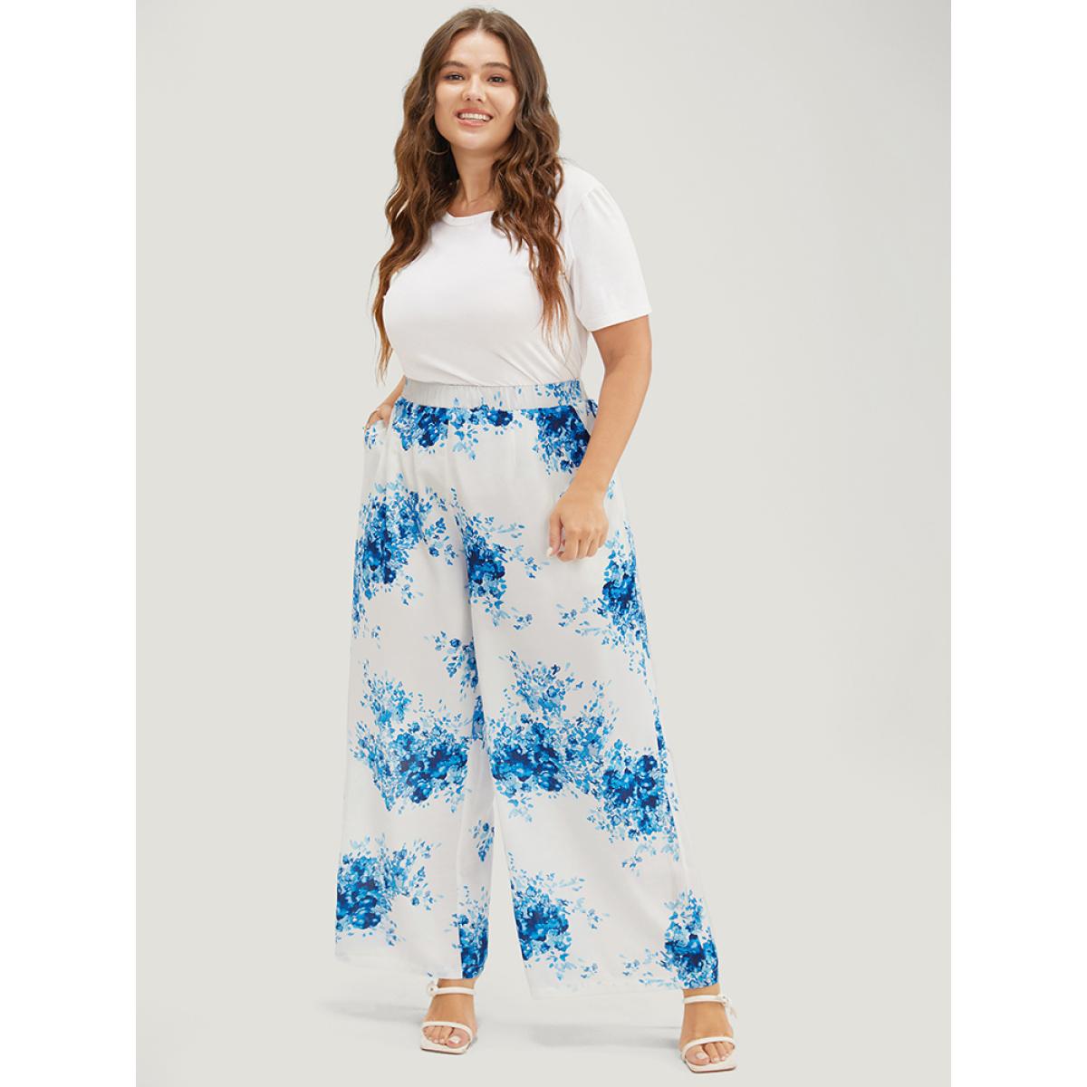Plus Size Graphic Print Wide Leg Mid Rise Pocket Pants Women Cerulean Elegant Mid Rise Dailywear Pants BloomChic 14-16/1X Product Image