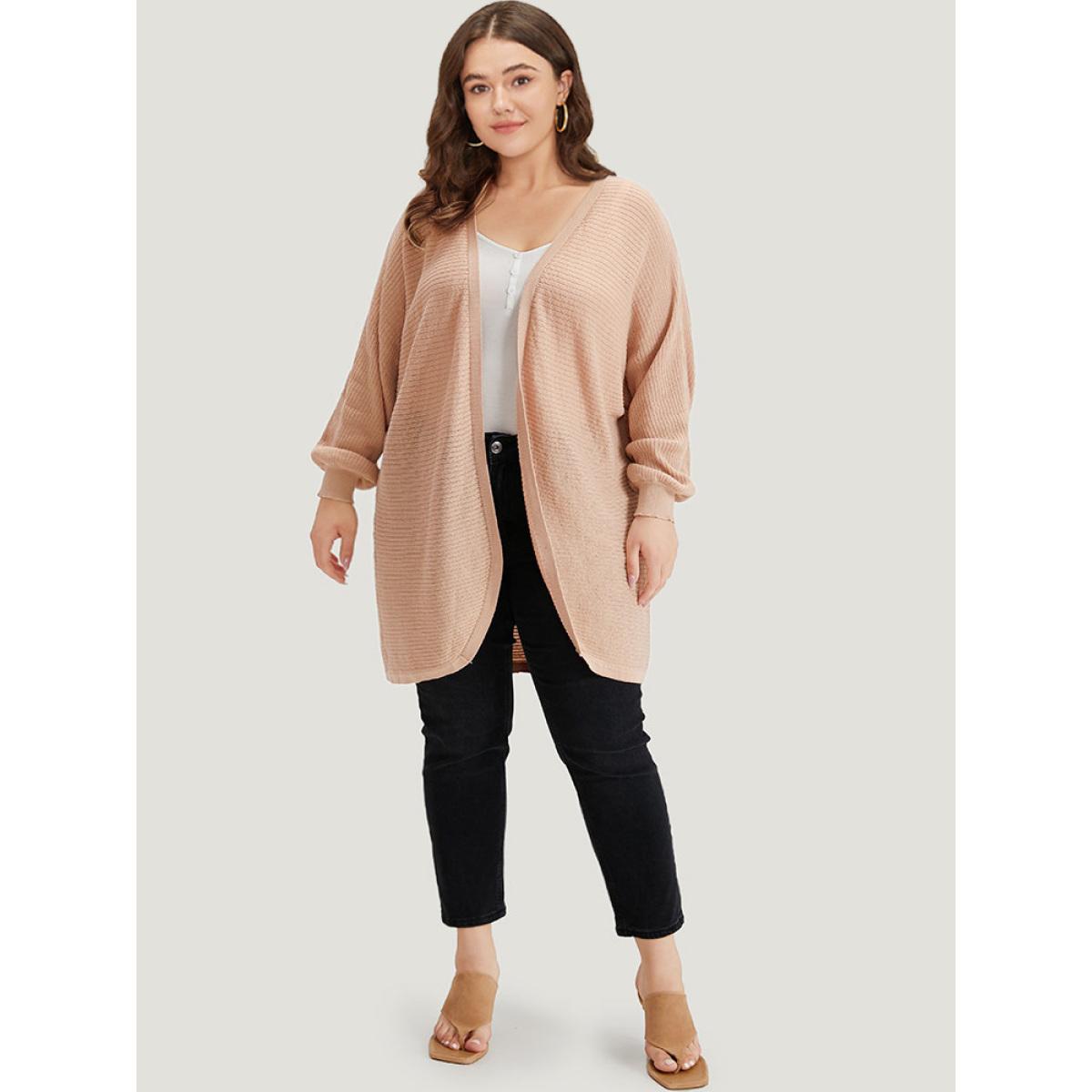 Plus Size Plain Textured Curved Hem Cardigan Champagne Women Casual Loose Long Sleeve Everyday Cardigans BloomChic 10/M Product Image