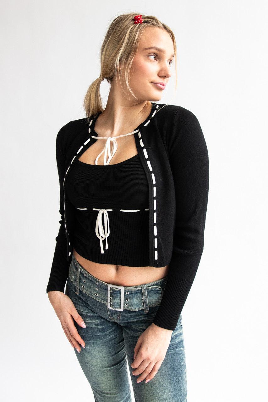 Running Stitch Tie Front Knit Cardigan Product Image