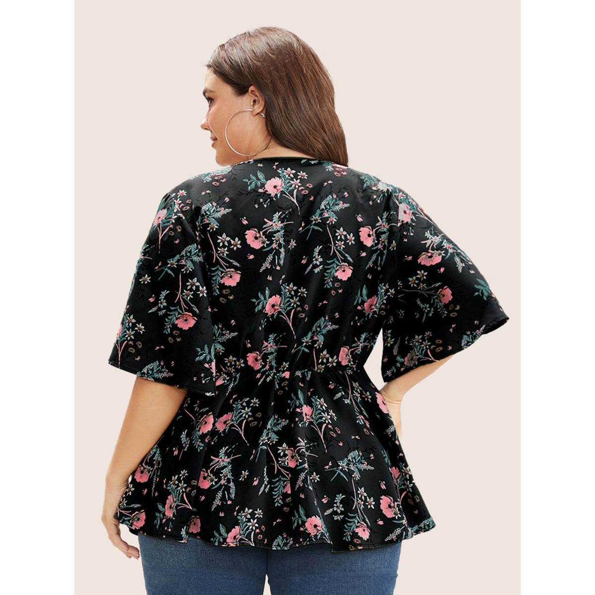 Plus Size Black Floral Print Ruffles Surplice Neck Blouse Women Elegant Half Sleeve V-neck Everyday Blouses BloomChic 18-20/2X Product Image