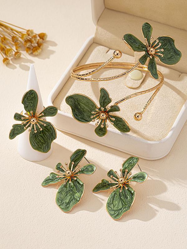 Flower Shape Bracelet + Earrings + Rings Accessories Three Pieces Product Image