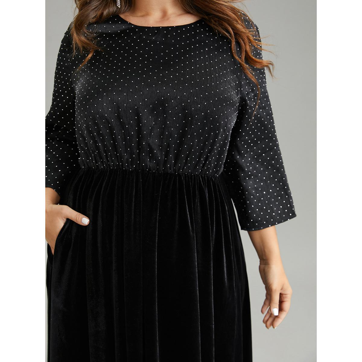 Plus Size Rhinestone Patchwork Velvet Elastic Waist Dress Black Women Glamour Velvet Round Neck Elbow-length sleeve Curvy Midi Dress BloomChic 28/5X Product Image