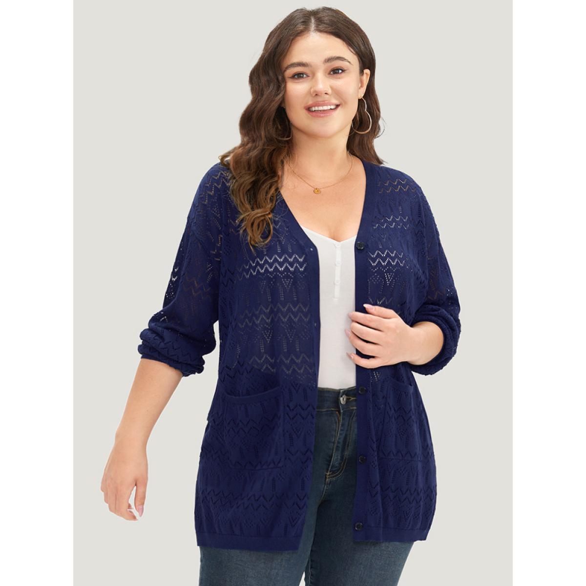 Plus Size Plain Pocket Hollow Out Button Through Cardigan Indigo Women Casual Long Sleeve Dailywear Cardigans BloomChic 30/6X Product Image