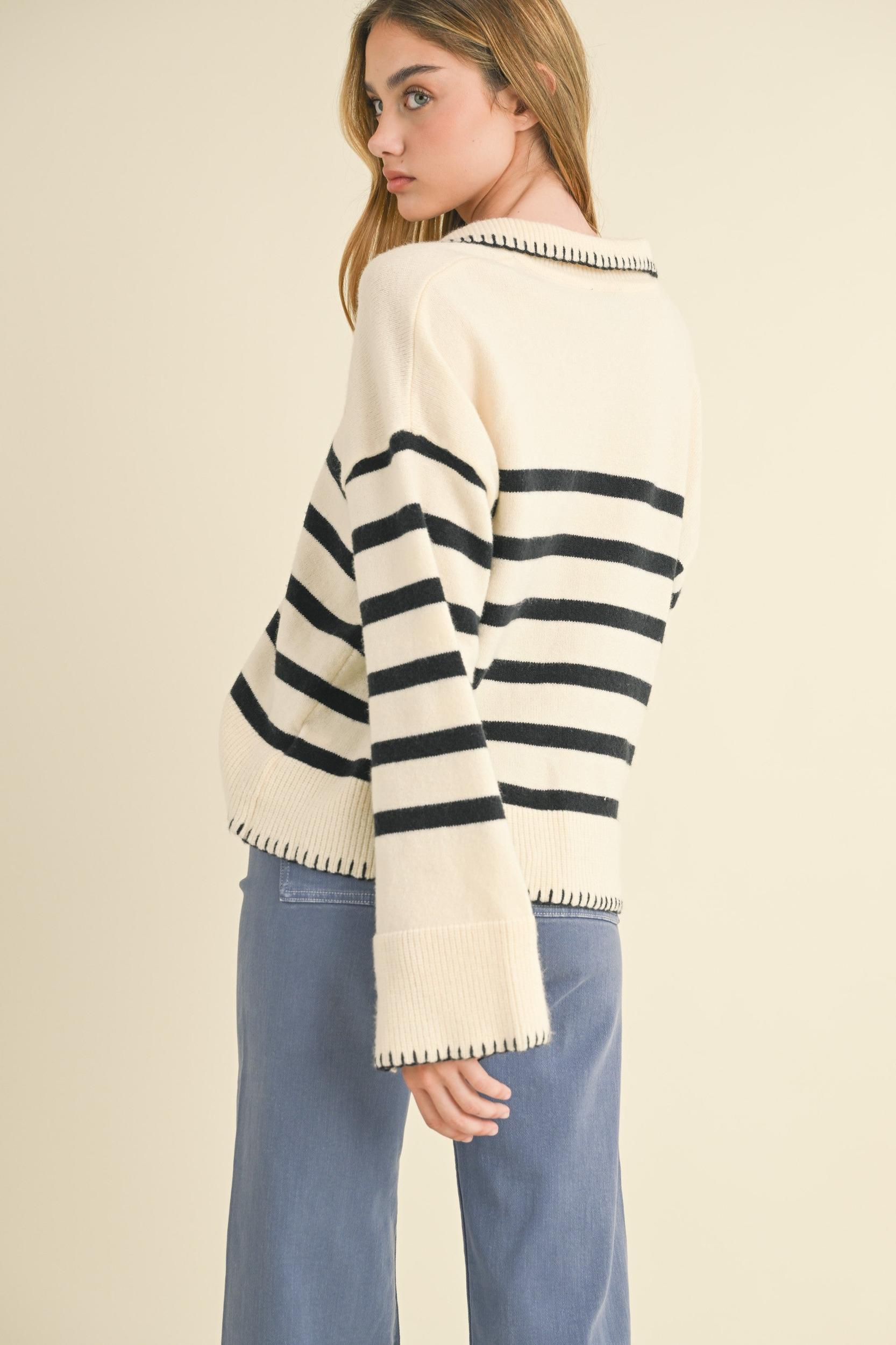 Detailed Collar Stripe Comfy Sweater Product Image